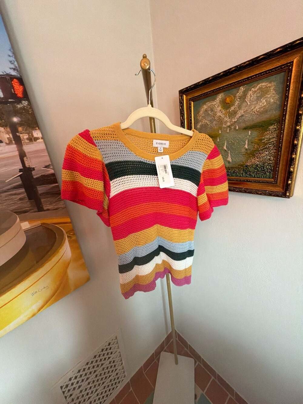 Evereve Haven Flutter Top Multi Striped Short Sleeve Knit Sweater